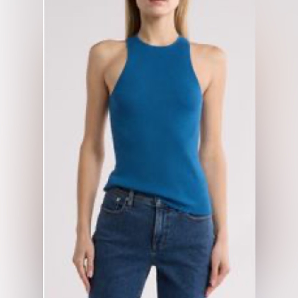 Madewell Blue Ribbed High Neck Tank Top Sz S
